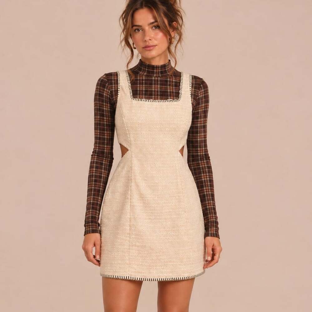 NWT 7 For All Mankind Tweed Cutout Mini Dress Large Cream Sleeveless Wool Chic